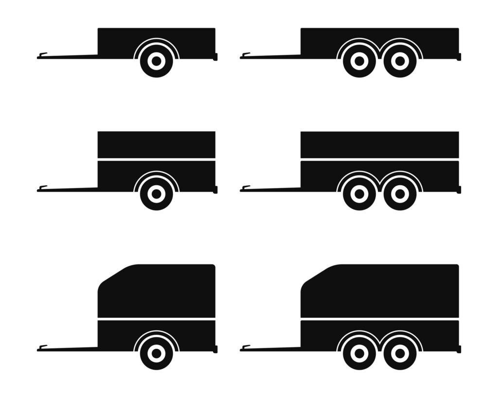Schwarze Silhouette verschiedener PKW Anhänger in unterschiedlichen Größen und Ausführungen.