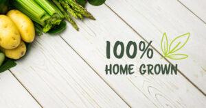Selbst angebautes frisches Bio-Gemüse, Text in Grün mit dem Schriftzug: 100% Home Grown