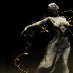 Isolierte 3D-Darstellung der Marmorstatue der griechischen Naturnymphengöttin mit goldenen Blättern, die in tanzender Pose auf dunklem Hintergrund steht.