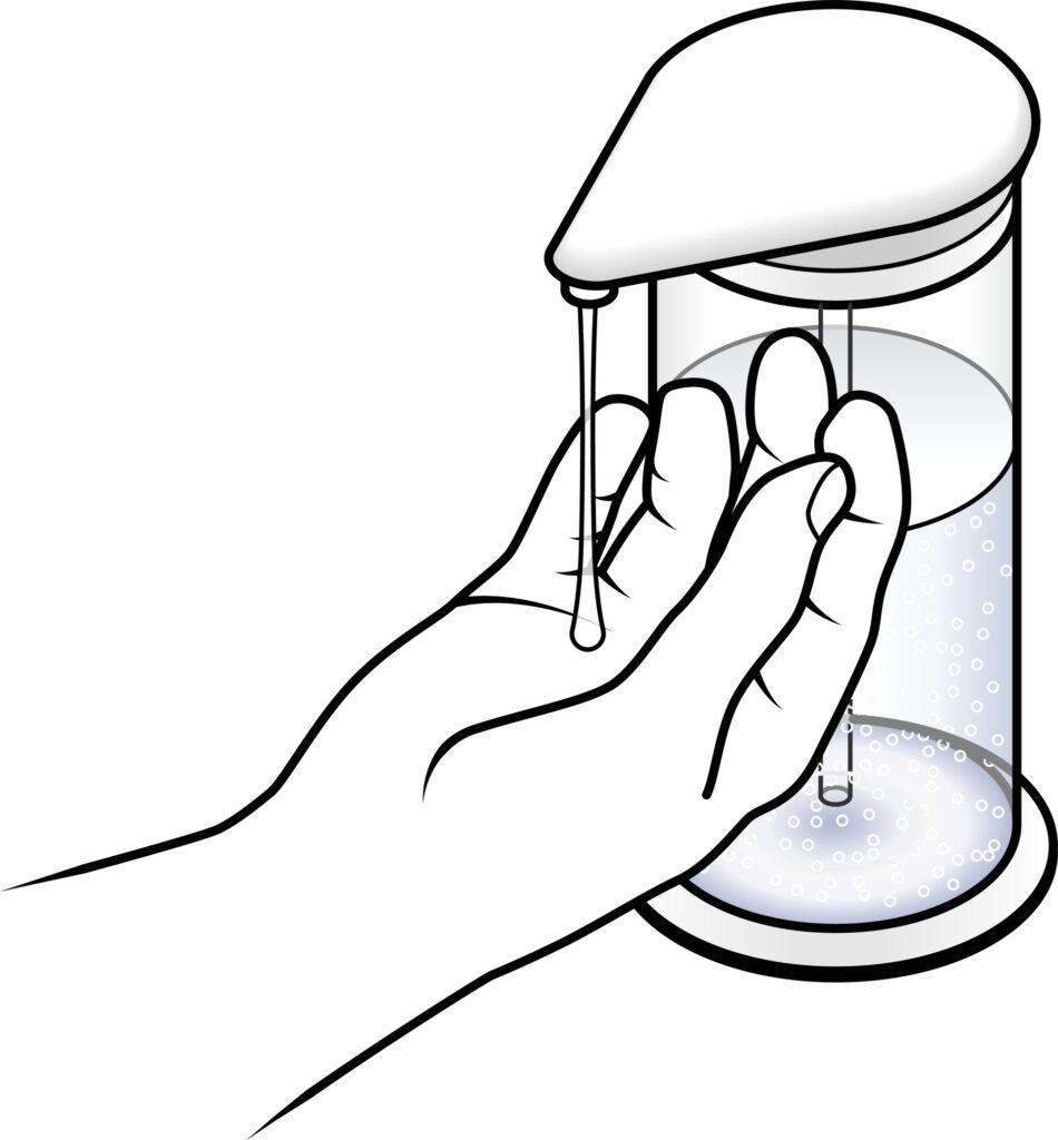 Zeichnung eines seifenfreien Händedesinfektions-Pumpenspenders mit einer Hand.