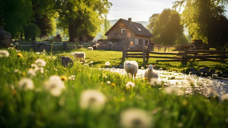 Draußen im Freien, wunderbare Umgebung mit Bauernhof, Gras, einem Schaf und das Sonnenlicht fällt darauf